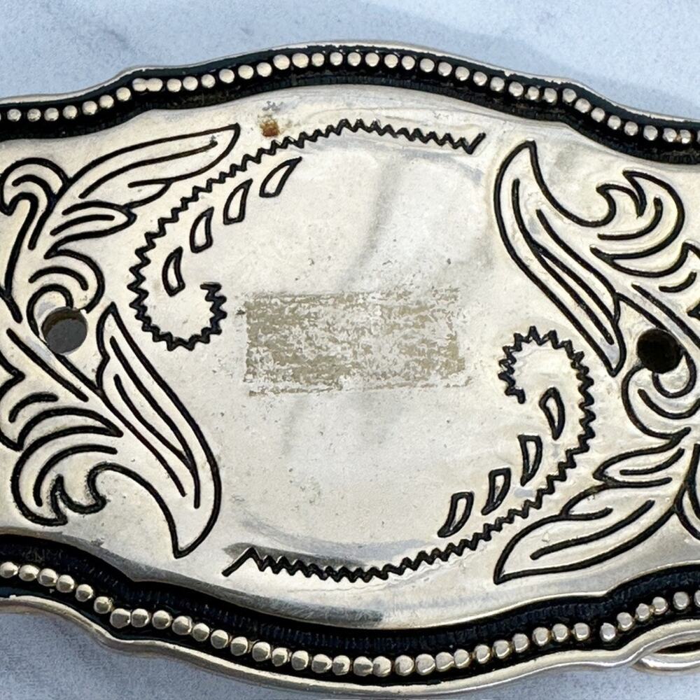 Vintage Western Belt Buckle Gold Tone Black Enamel Scrollwork Bead Dot Border ✨ - Picture 4 of 11